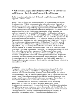 A Nationwide Analysis of Postoperative Deep Vein Thrombosis and Pulmonary Embolism in Colon and Rectal Surgery