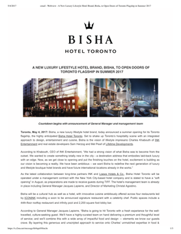 A New Luxury Lifestyle Hotel Brand, Bisha, to Open Doors of Toronto Flagship in Summer 2017