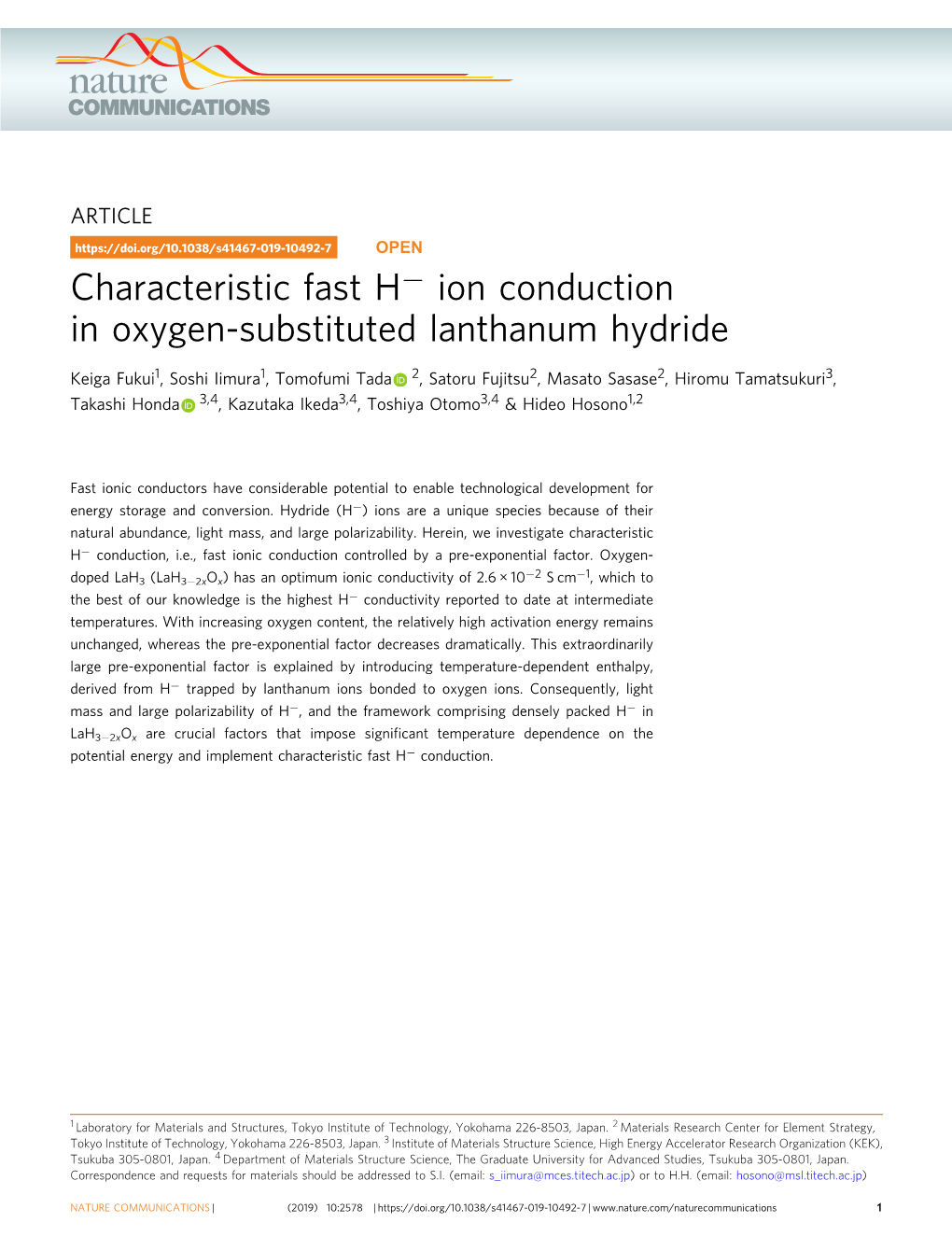 Characteristic Fast Hвˆ' Ion Conduction in Oxygen-Substituted Lanthanum