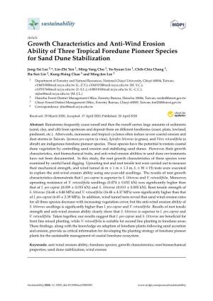 Growth Characteristics and Anti-Wind Erosion Ability of Three Tropical Foredune Pioneer Species for Sand Dune Stabilization