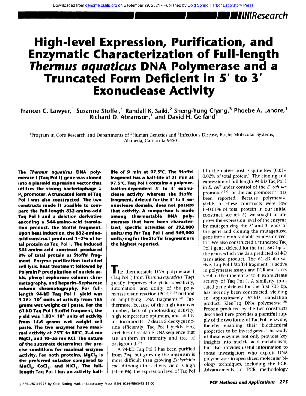 High-Level Expression, Purification, and Thermus Aquatlcus DNA