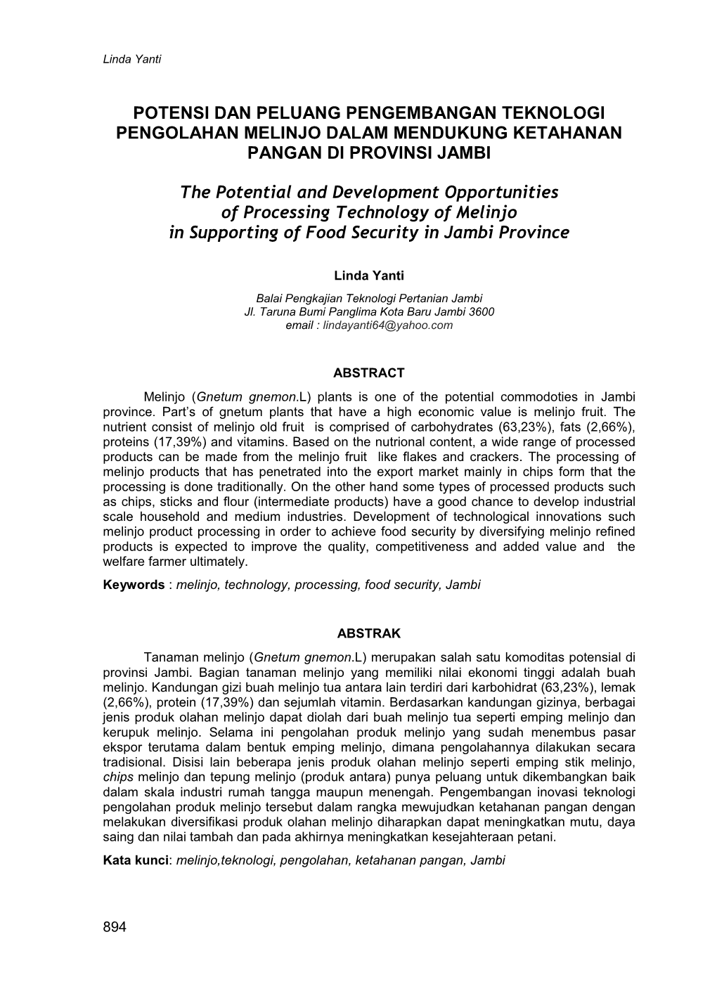 Potensi Dan Peluang Pengembangan Teknologi Pengolahan Melinjo Dalam Mendukung Ketahanan Pangan Di Provinsi Jambi