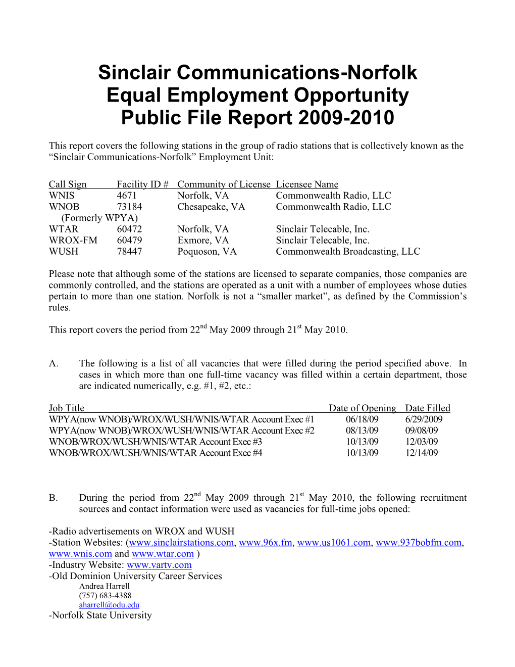 Sinclair Communications-Norfolk Equal Employment Opportunity Public File Report 2009-2010