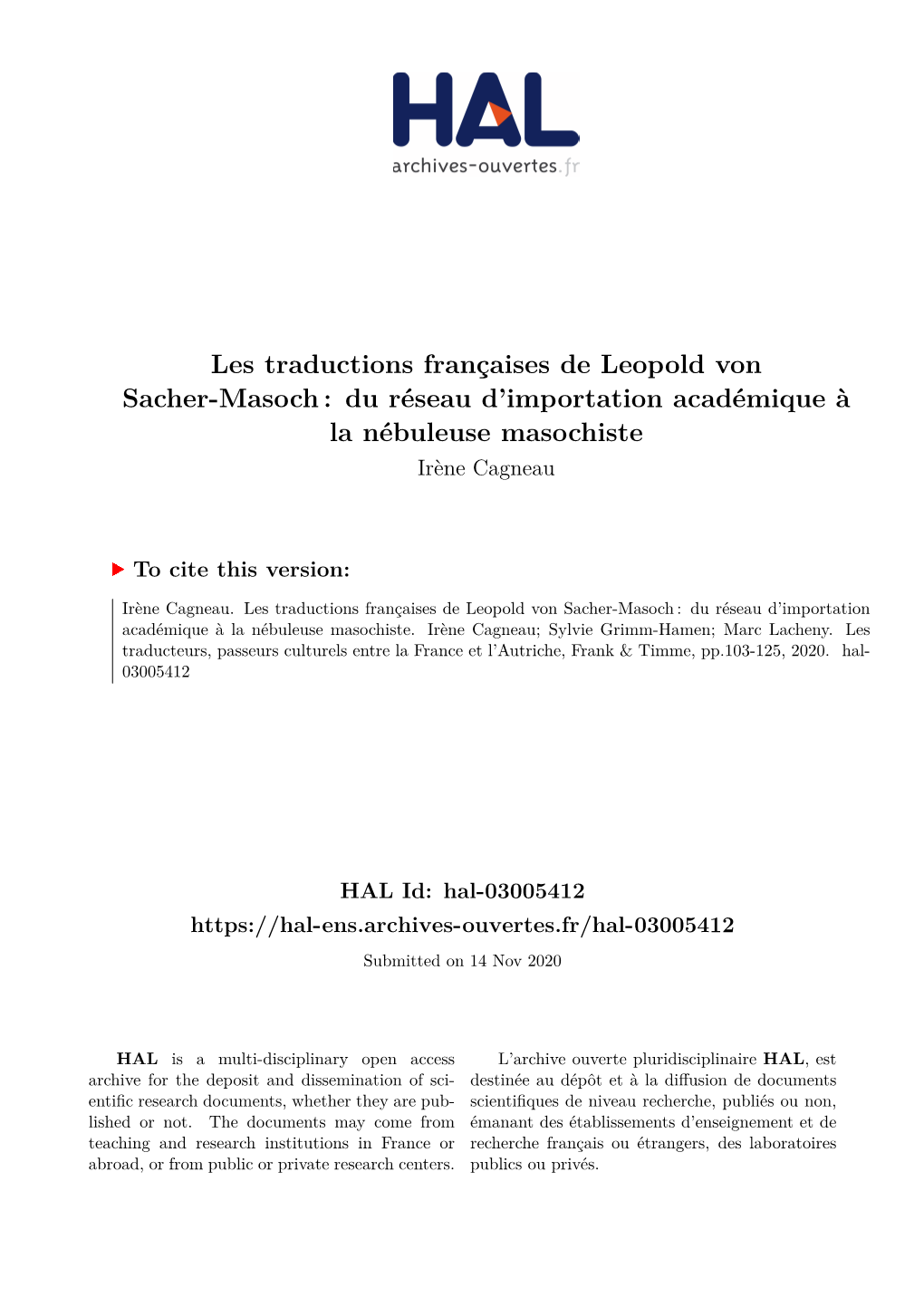 Les Traductions Françaises De Leopold Von Sacher-Masoch : Du Réseau D’Importation Académique À La Nébuleuse Masochiste Irène Cagneau