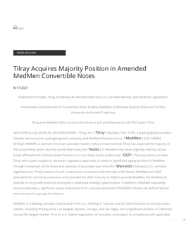 Tilray Acquires Majority Position in Amended Medmen Convertible Notes