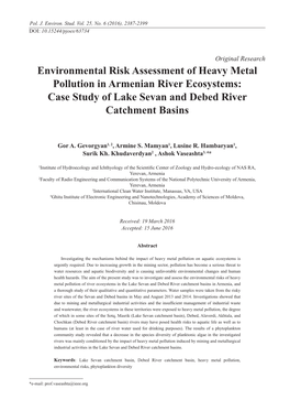 Environmental Risk Assessment of Heavy Metal Pollution in Armenian River Ecosystems: Case Study of Lake Sevan and Debed River Catchment Basins