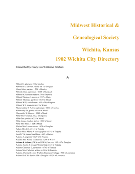 Midwest Historical & Genealogical Society Wichita, Kansas 1902 Wichita City Directory