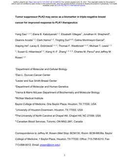 1 Tumor Suppressor PLK2 May Serve As a Biomarker in Triple-Negative Breast Cancer for Improved Response to PLK1 Therapeutics