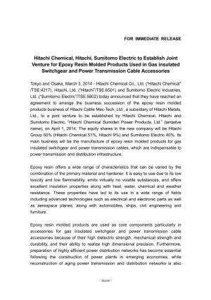 Hitachi Chemical, Hitachi, Sumitomo Electric to Establish Joint Venture