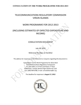 Telecommunications Regulatory Commission Virgin Islands Work Programme for 2012-2013 (Including Estimates of Expected Expenditur