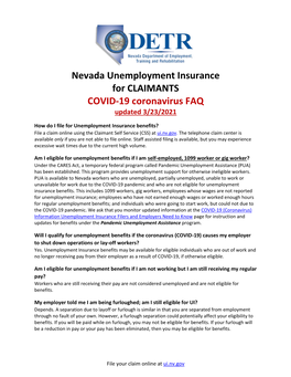 Nevada Unemployment Insurance for CLAIMANTS COVID-19 Coronavirus FAQ Updated 3/23/2021