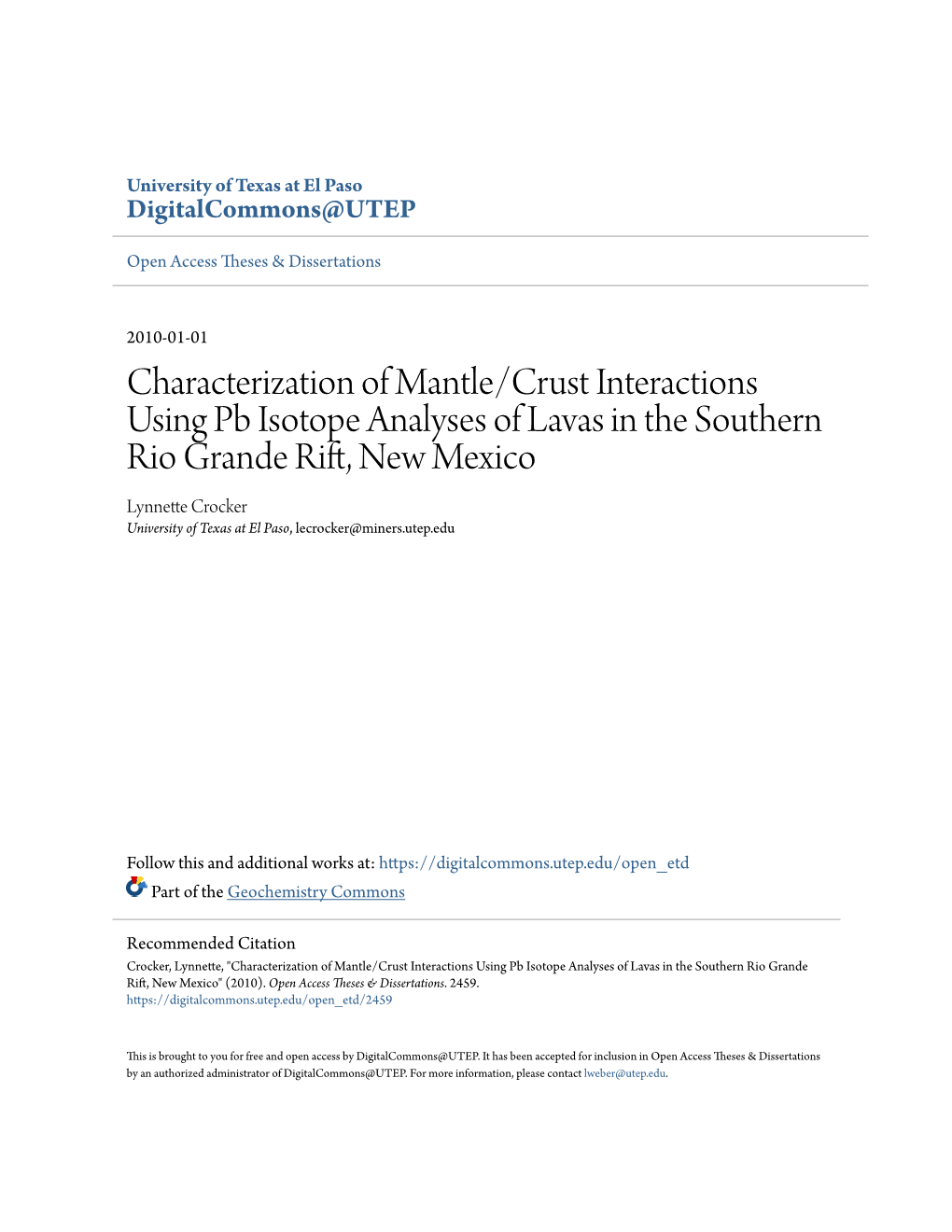 Characterization of Mantle/Crust Interactions Using Pb Isotope