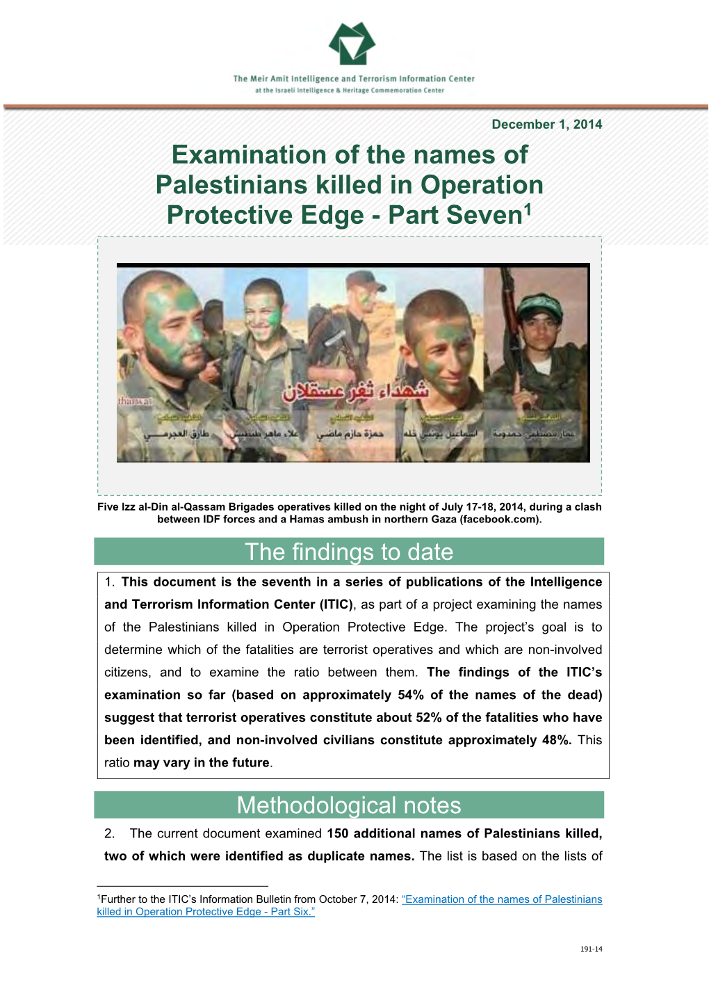 Examination of the Names of Palestinians Killed in Operation Protective Edge - Part Seven1