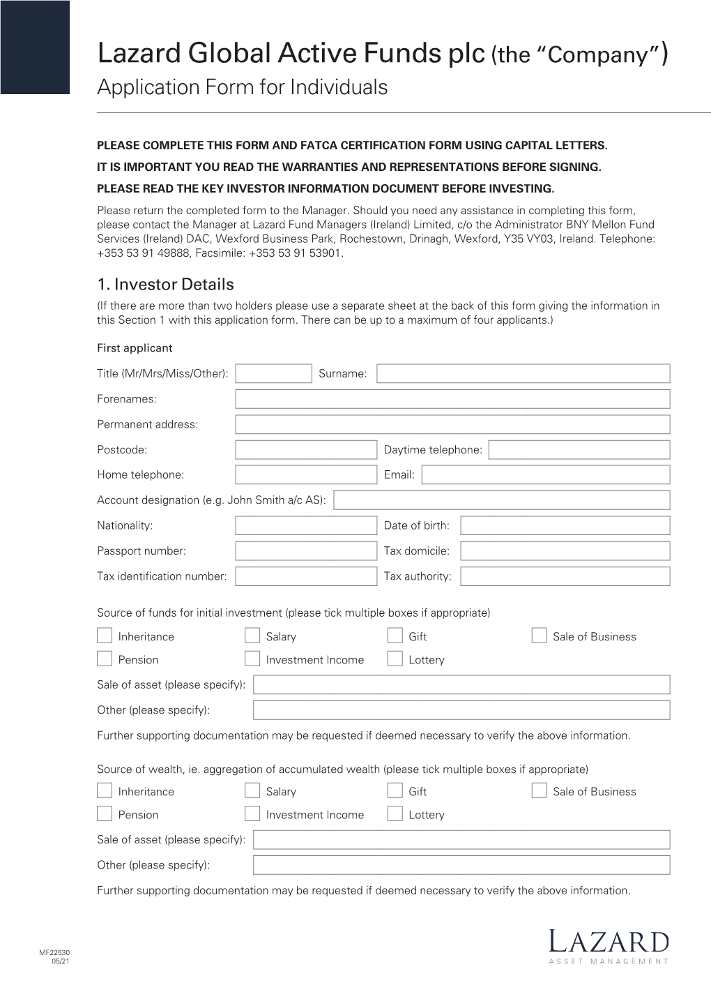 Global Active Funds Plc (The “Company”) Application Form for Individuals