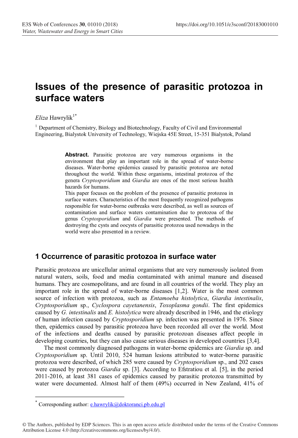 Issues of the Presence of Parasitic Protozoa in Surface Waters