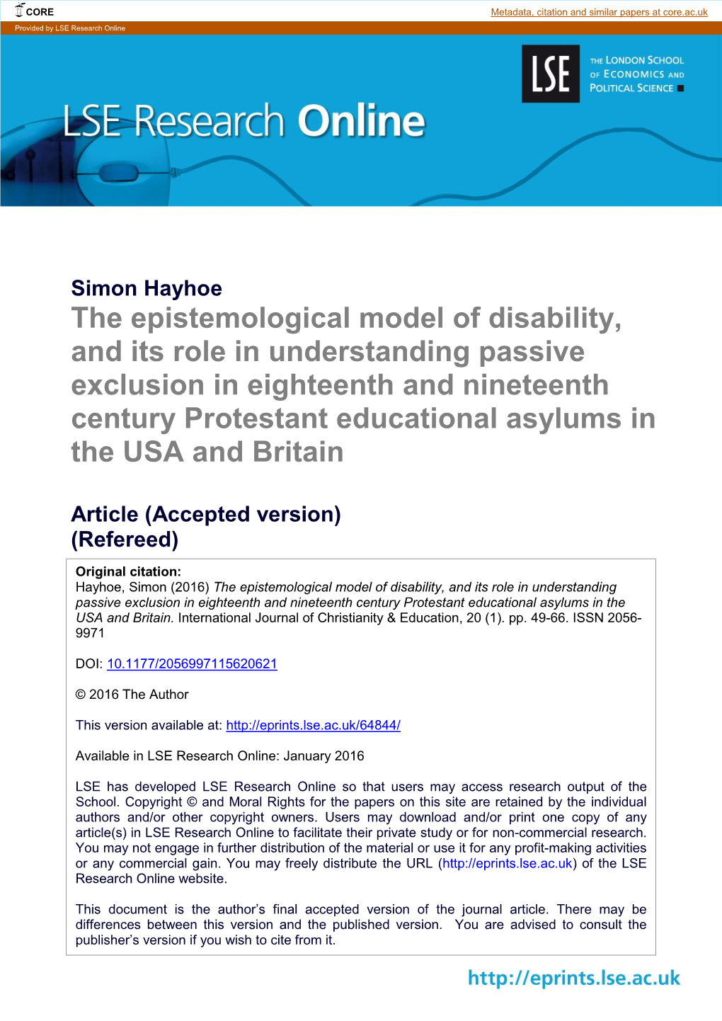 The Epistemological Model of Disability, and Its Role In