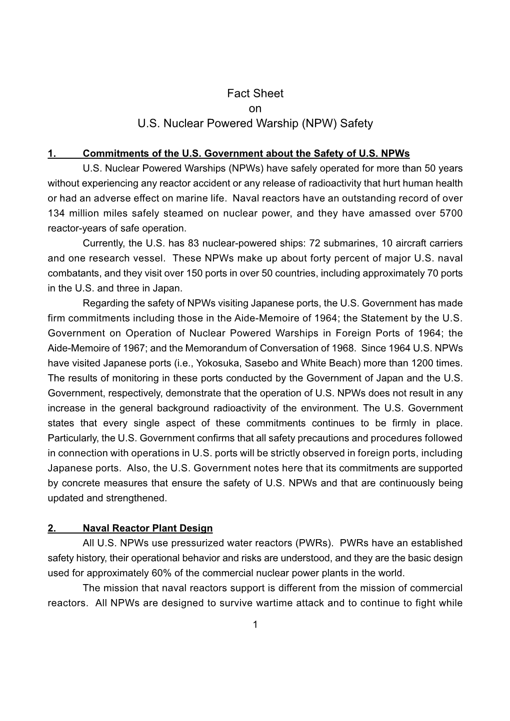 Fact Sheet on U.S. Nuclear Powered Warship (NPW) Safety