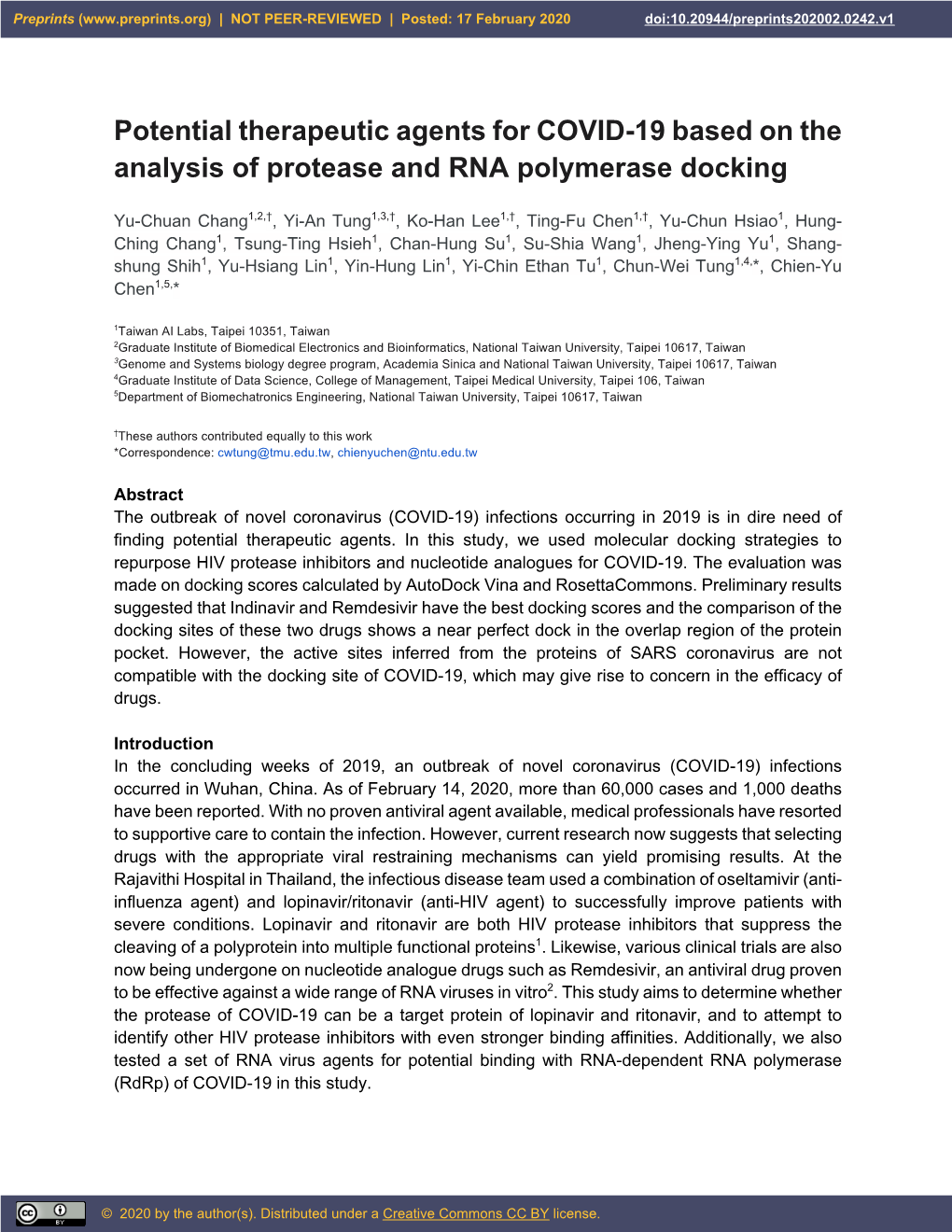 Potential Therapeutic Agents for COVID-19 Based on the Analysis of Protease and RNA Polymerase Docking