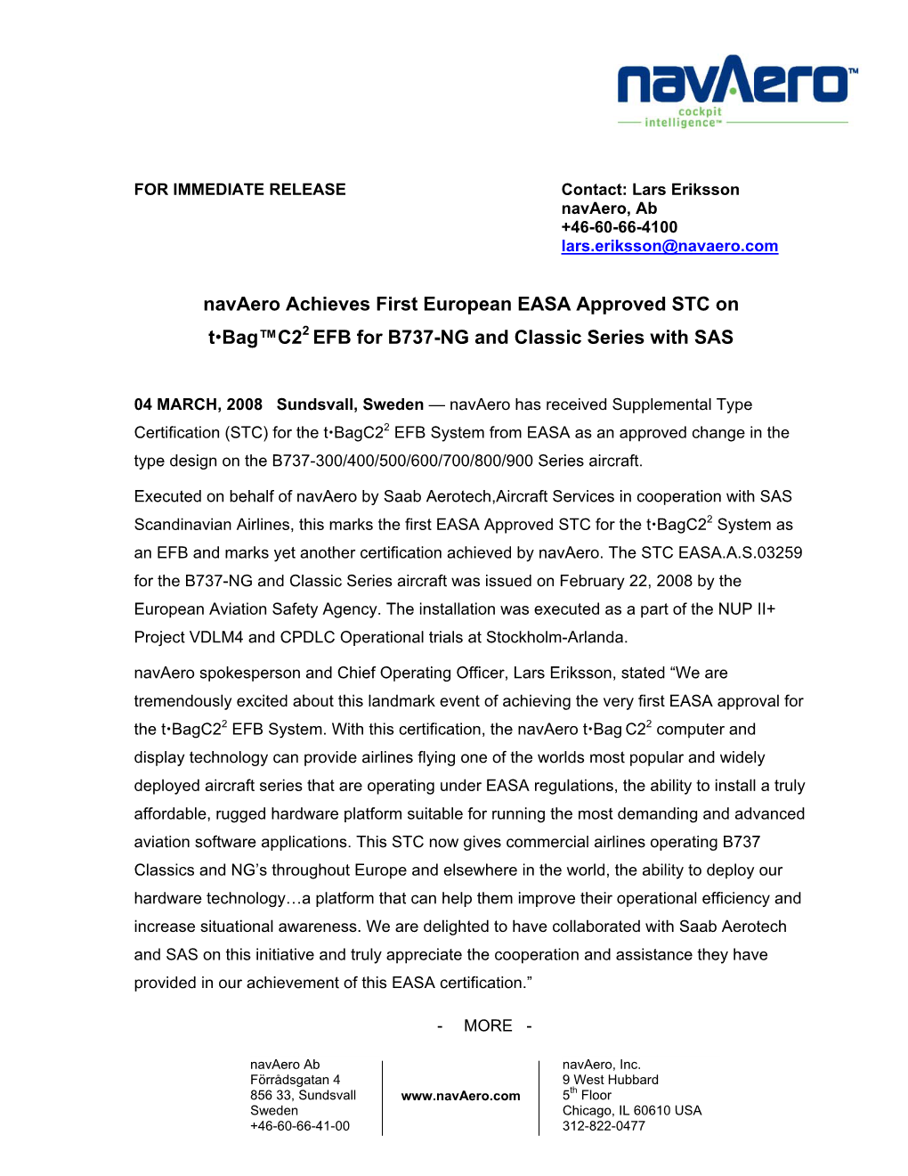 Navaero Achieves First European EASA Approved STC on T Bag™C2
