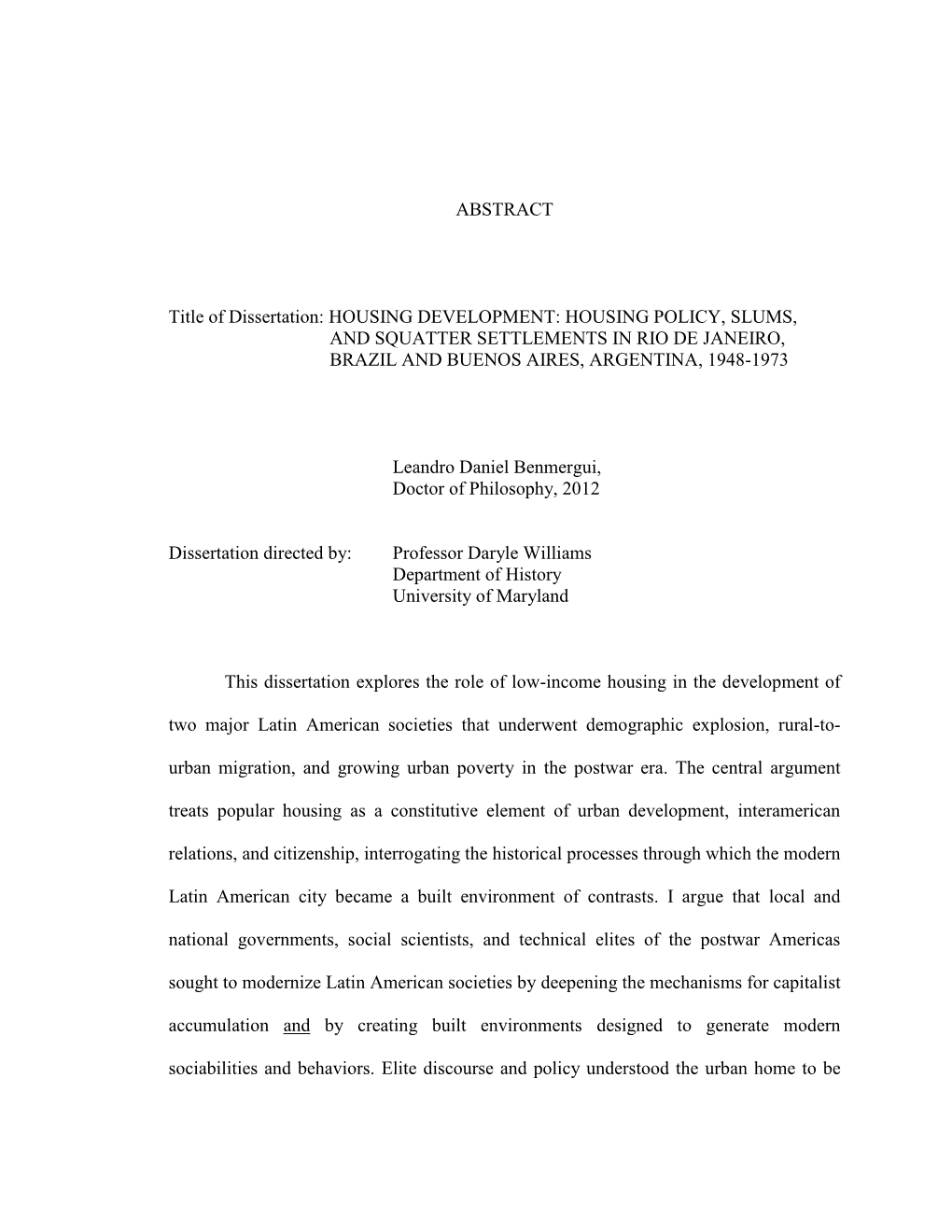 Housing Development: Housing Policy, Slums, and Squatter Settlements in Rio De Janeiro, Brazil and Buenos Aires, Argentina, 1948-1973