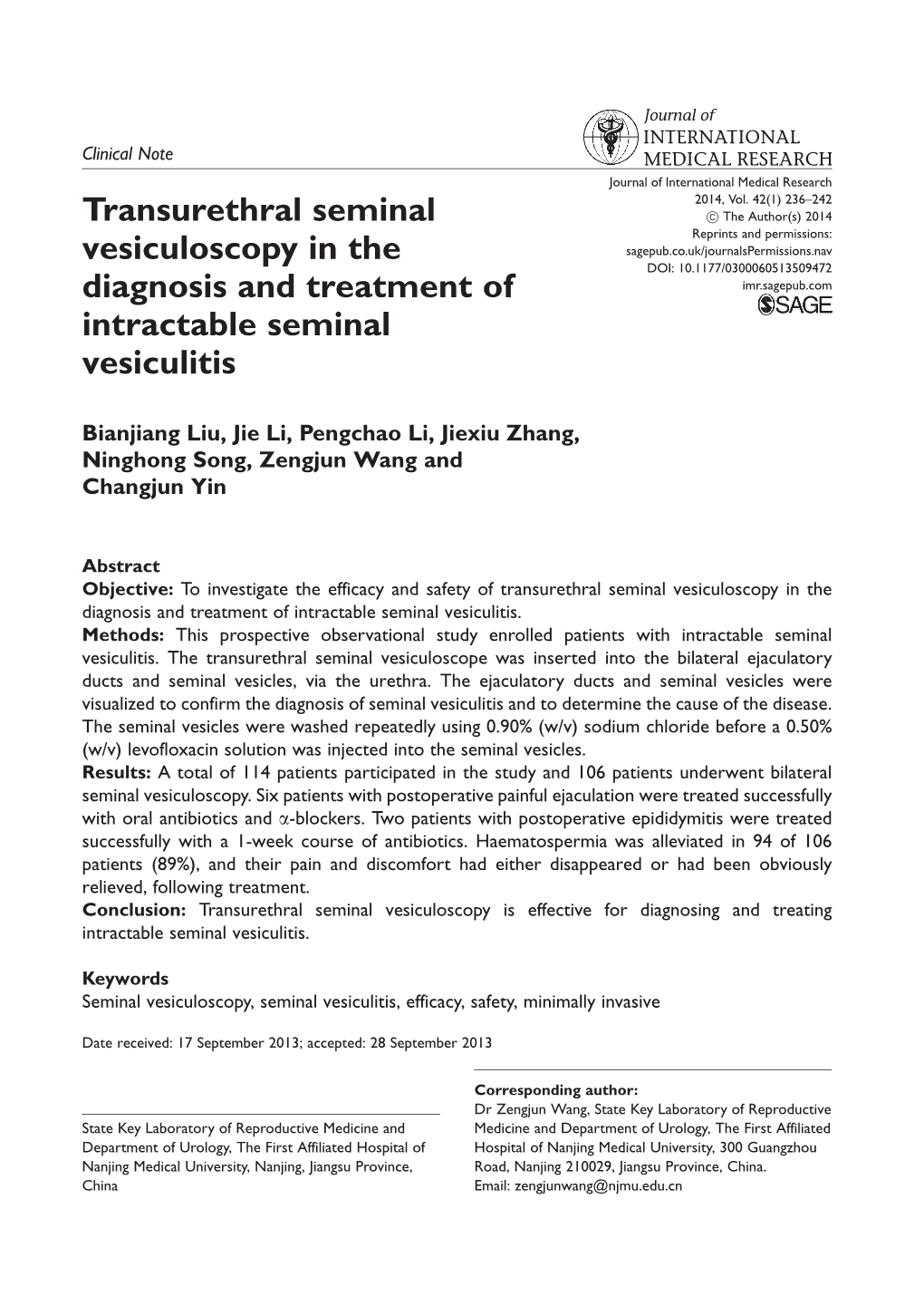 Transurethral Seminal Vesiculoscopy in the Diagnosis and Treatment of Intractable Seminal Vesiculitis
