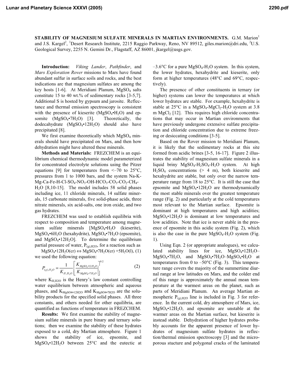 Stability of Magnesium Sulfate Minerals in Martian Environments