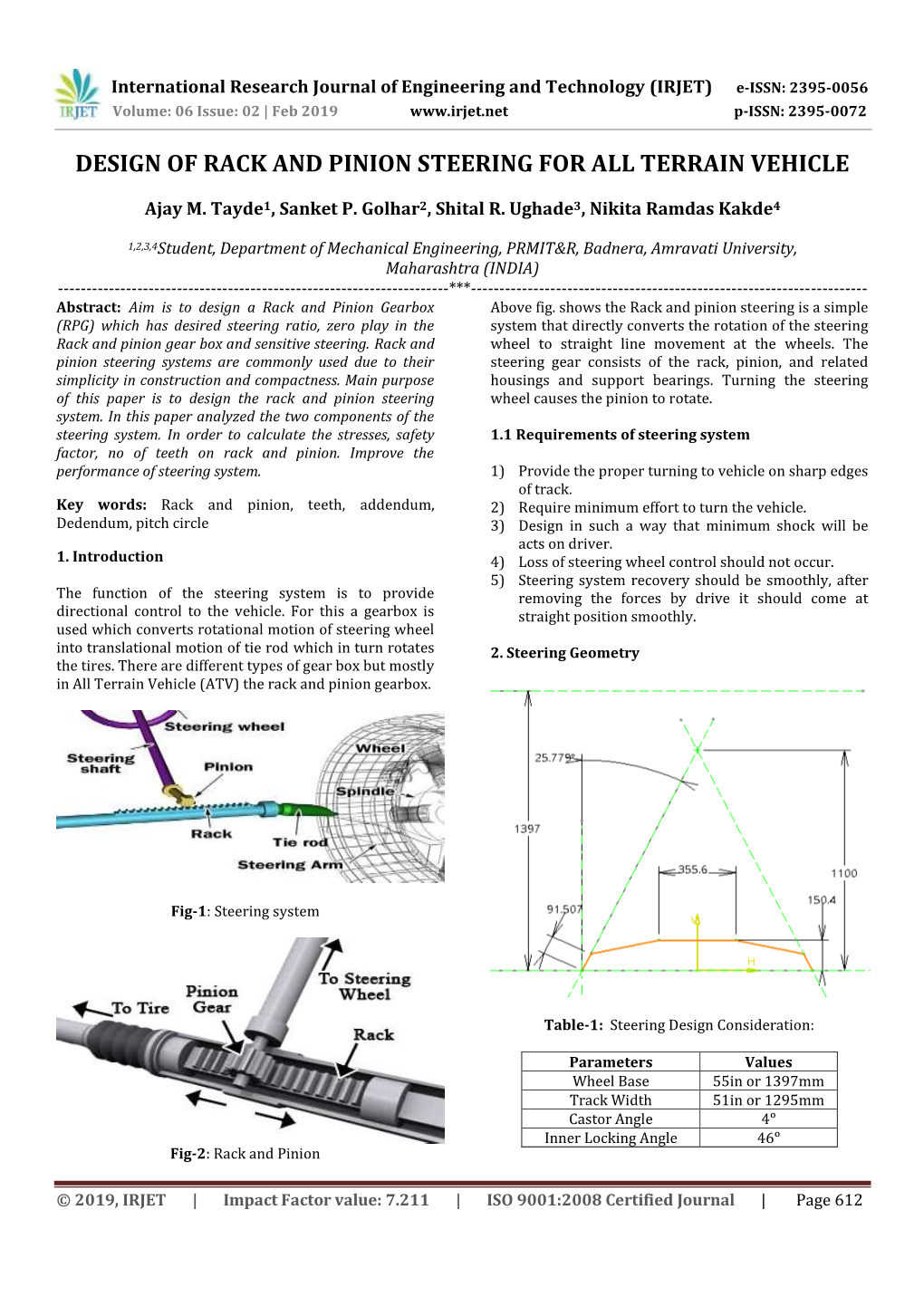 Design of Rack and Pinion Steering for All Terrain Vehicle