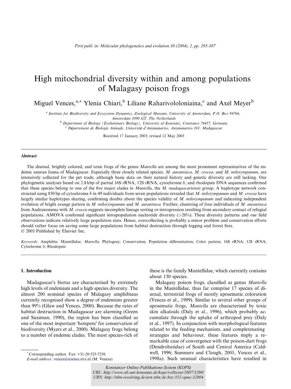 High Mitochondrial Diversity Within and Among Populations of Malagasy Poison Frogs