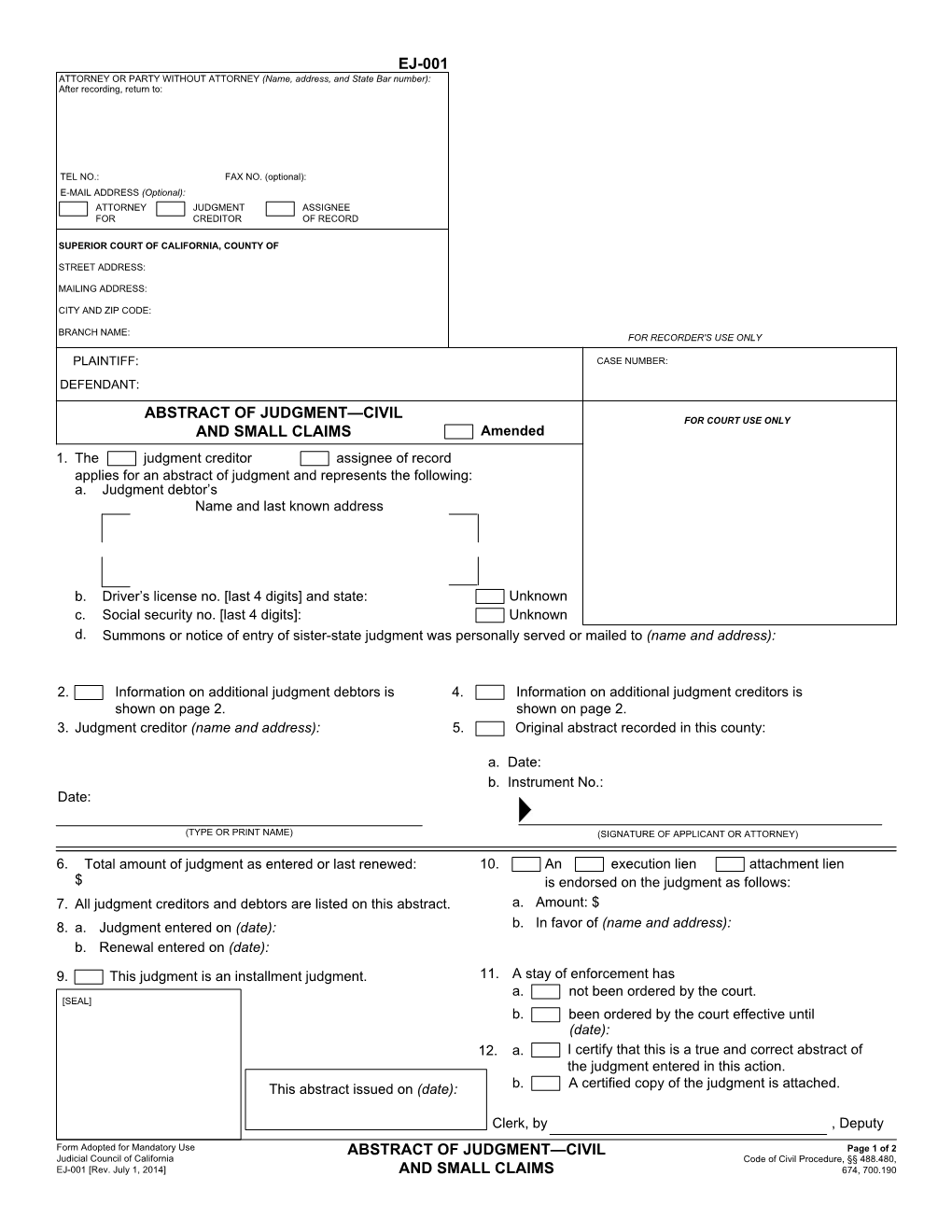 EJ-001 Abstract of Judgment—Civil and Small Claims