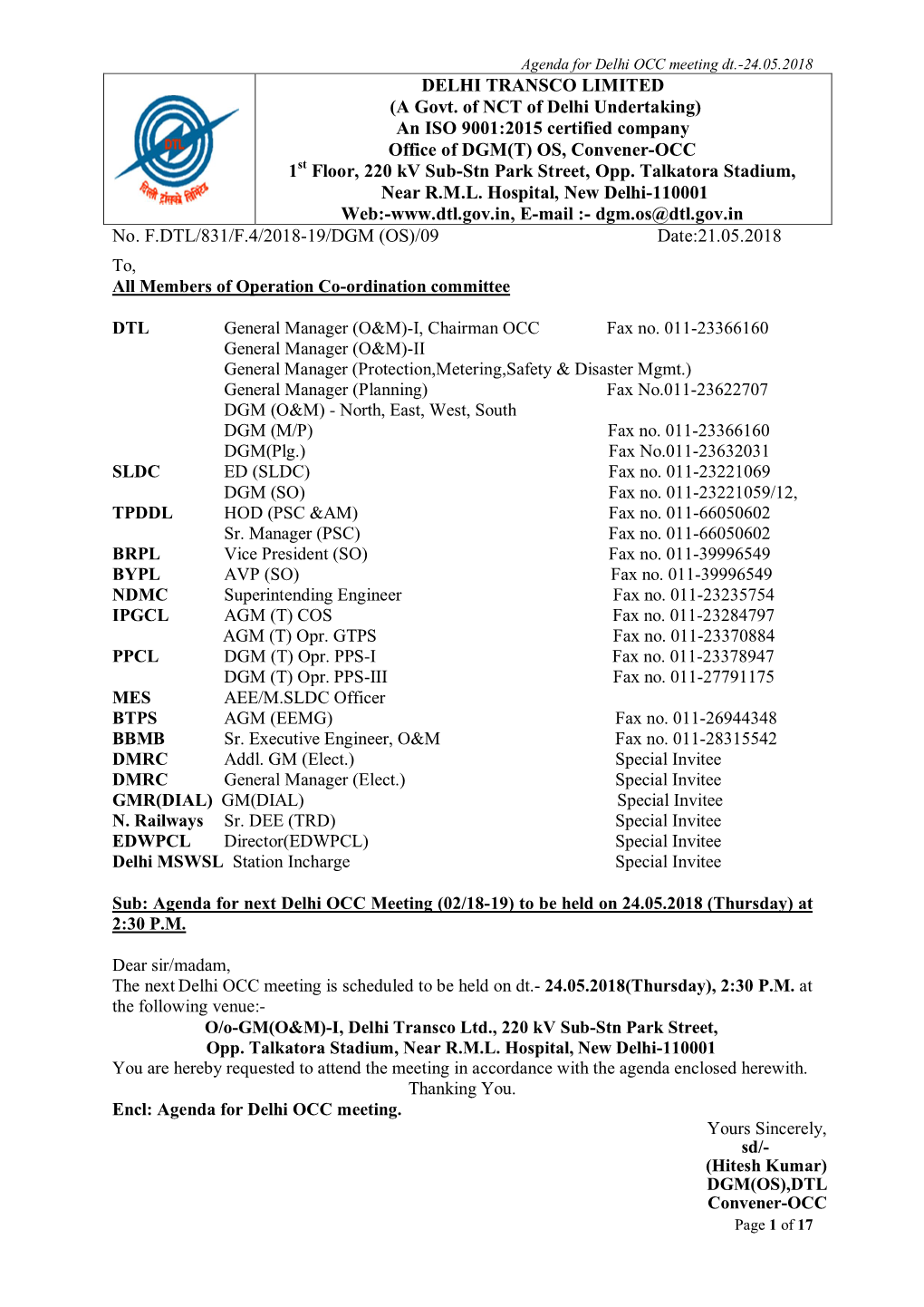 Agenda for Delhi OCC Meeting Dt.-24.05.2018 Page 1 of 17