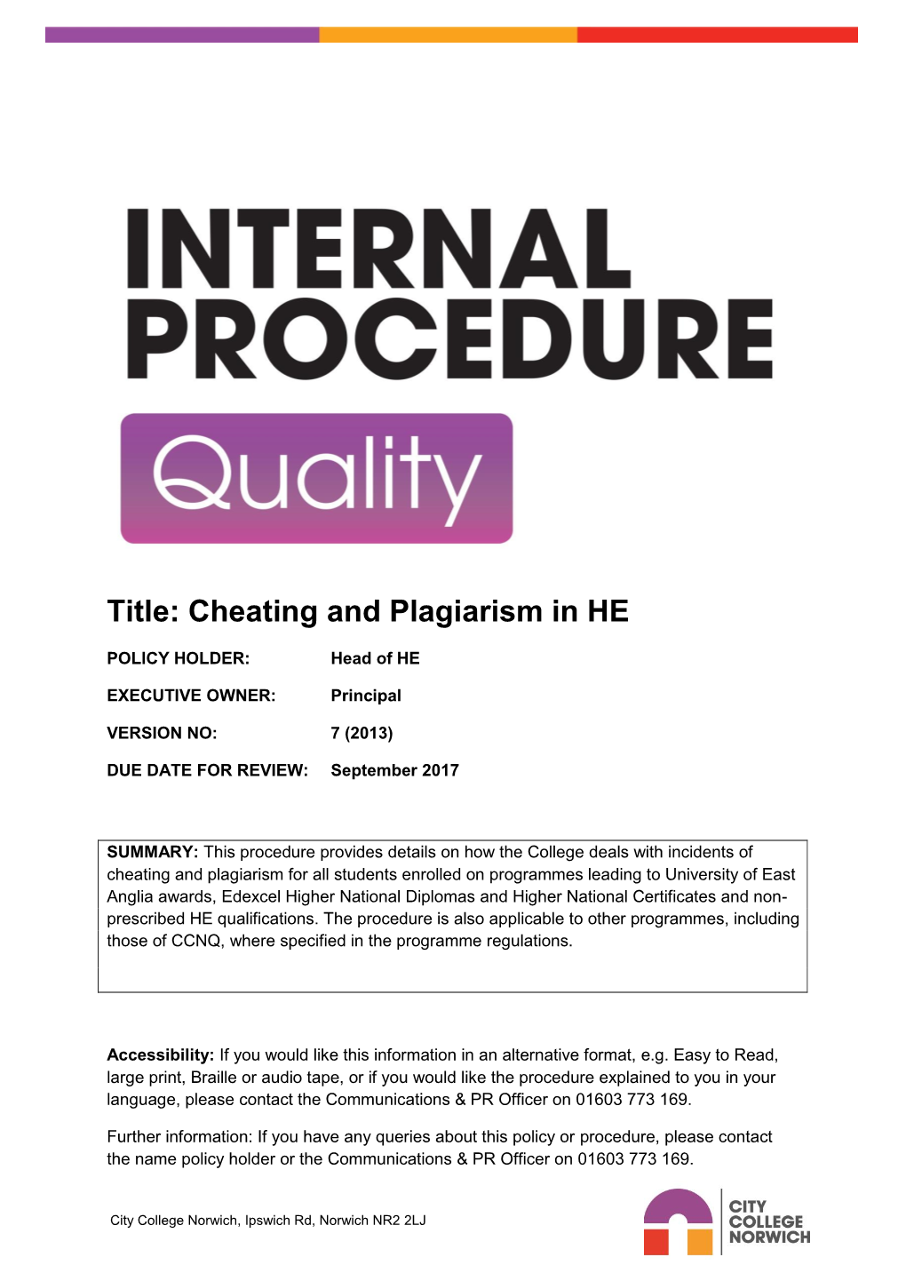 Title: Cheating and Plagiarism in HE
