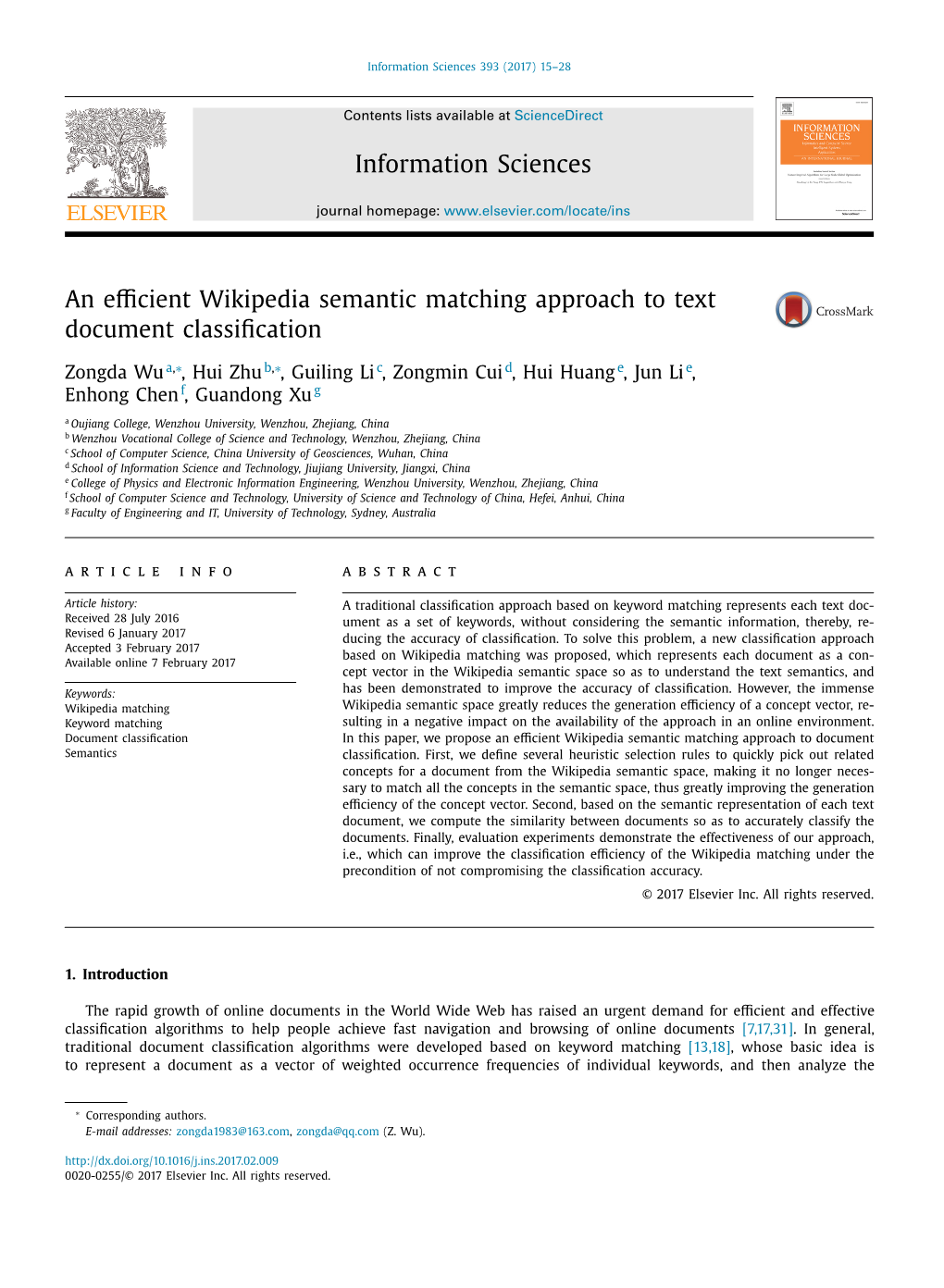 An Efficient Wikipedia Semantic Matching Approach to Text Document Classification