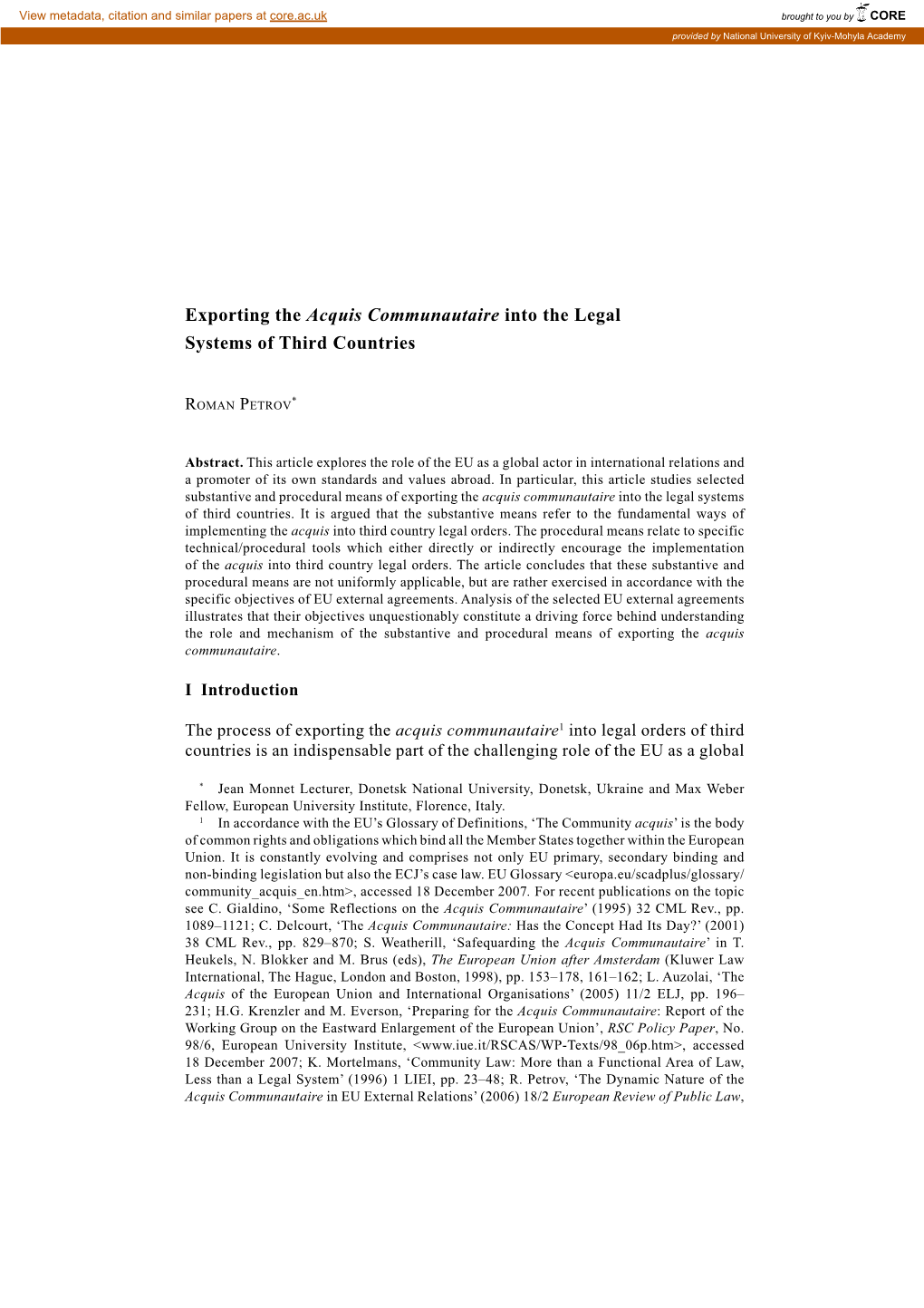 Exporting the Acquis Communautaire Into the Legal Systems of Third Countries