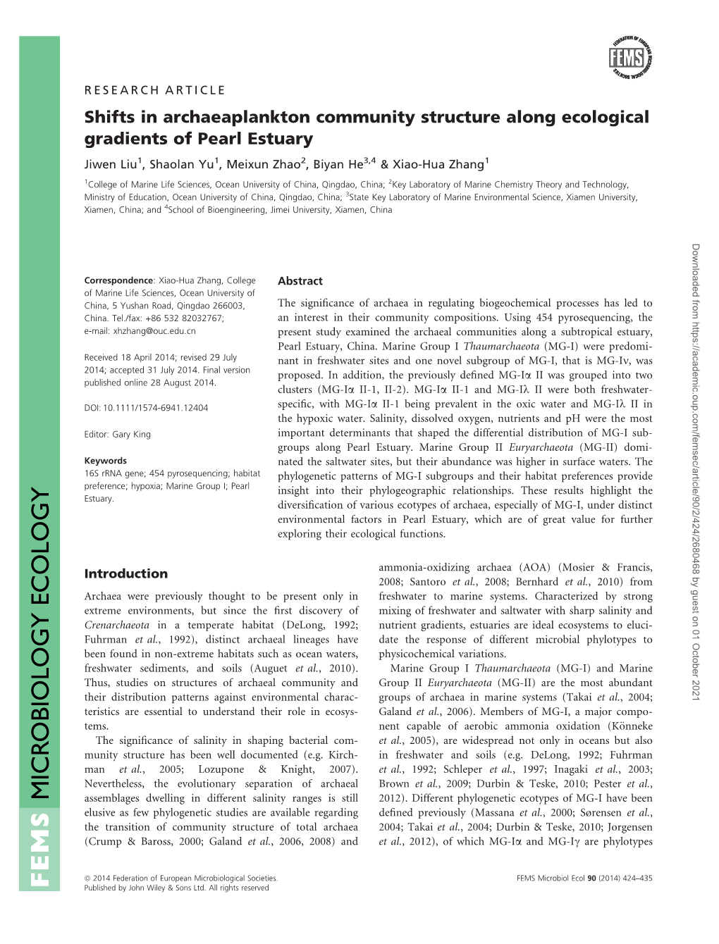 Shifts in Archaeaplankton Community Structure Along Ecological Gradients of Pearl Estuary Jiwen Liu1, Shaolan Yu1, Meixun Zhao2, Biyan He3,4 & Xiao-Hua Zhang1