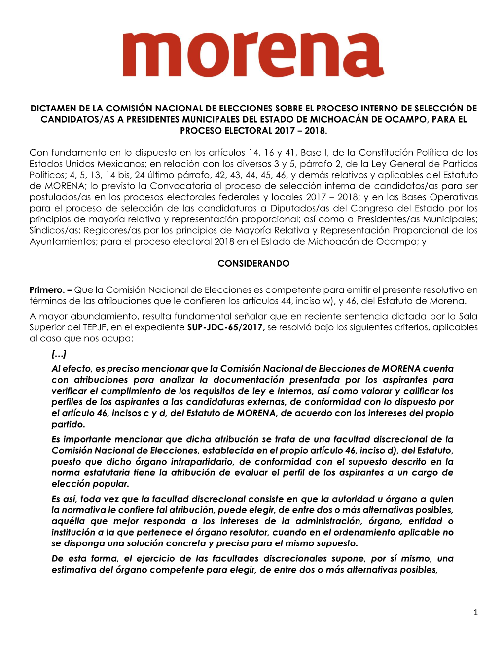 Dictamen De La Comisión Nacional De Elecciones Sobre El Proceso Interno