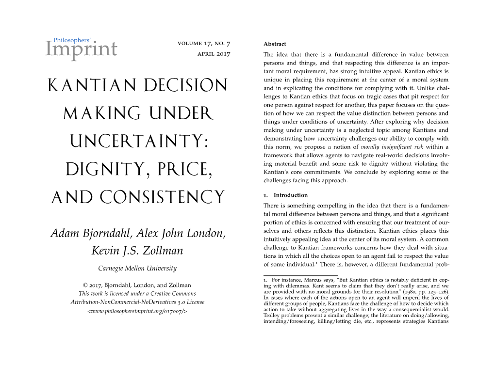 Kantian Decision Making Under Uncertainty: Dignity, Price, And