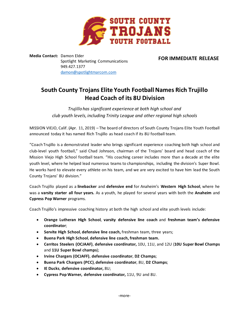 South County Trojans Elite Youth Football Names Rich Trujillo Head Coach of Its 8U Division