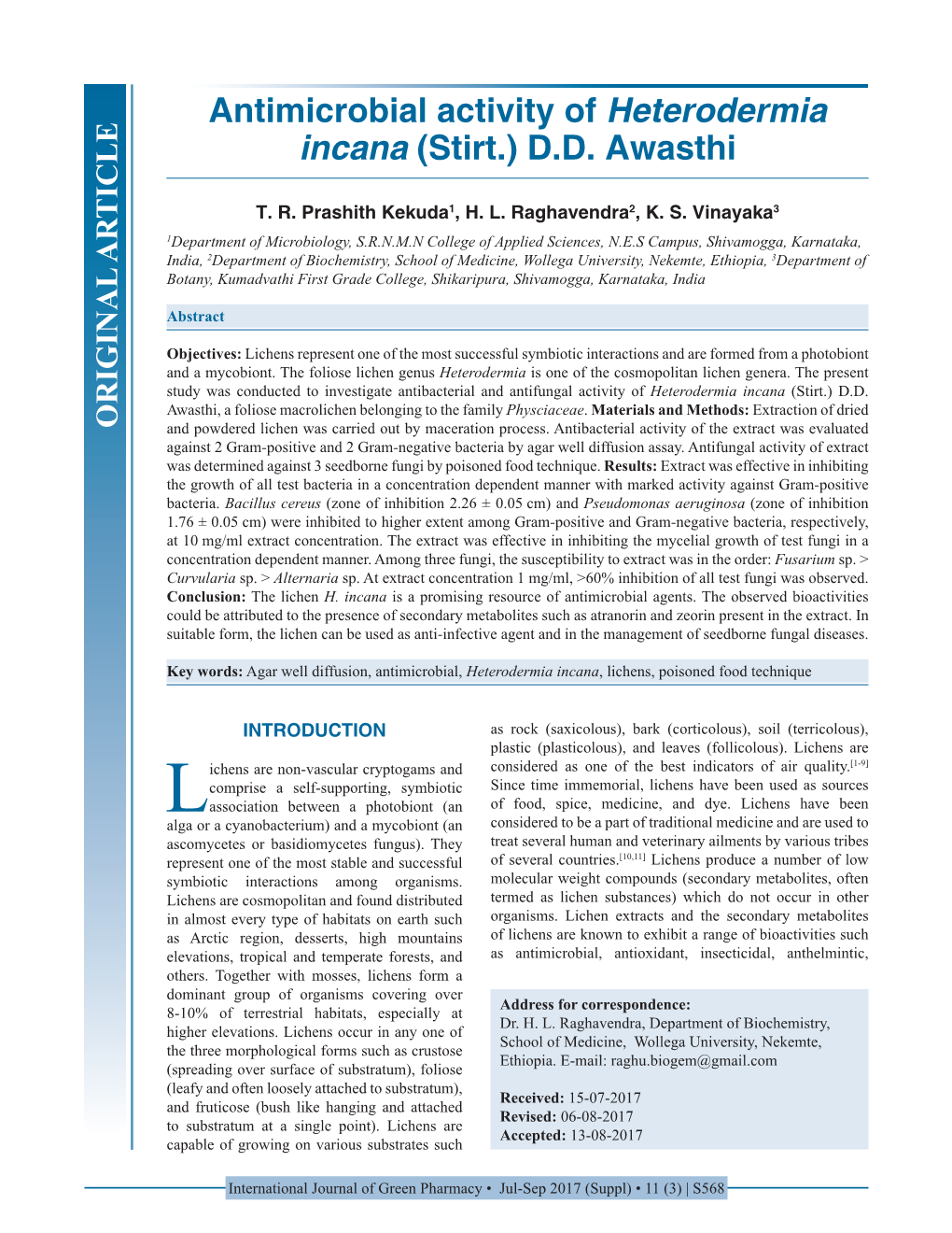 Antimicrobial Activity of Heterodermia Incana (Stirt.) D.D