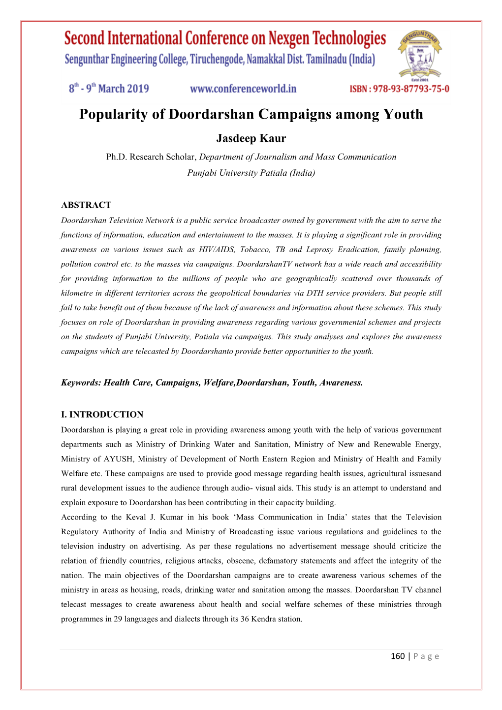 Popularity of Doordarshan Campaigns Among Youth Jasdeep Kaur Ph.D