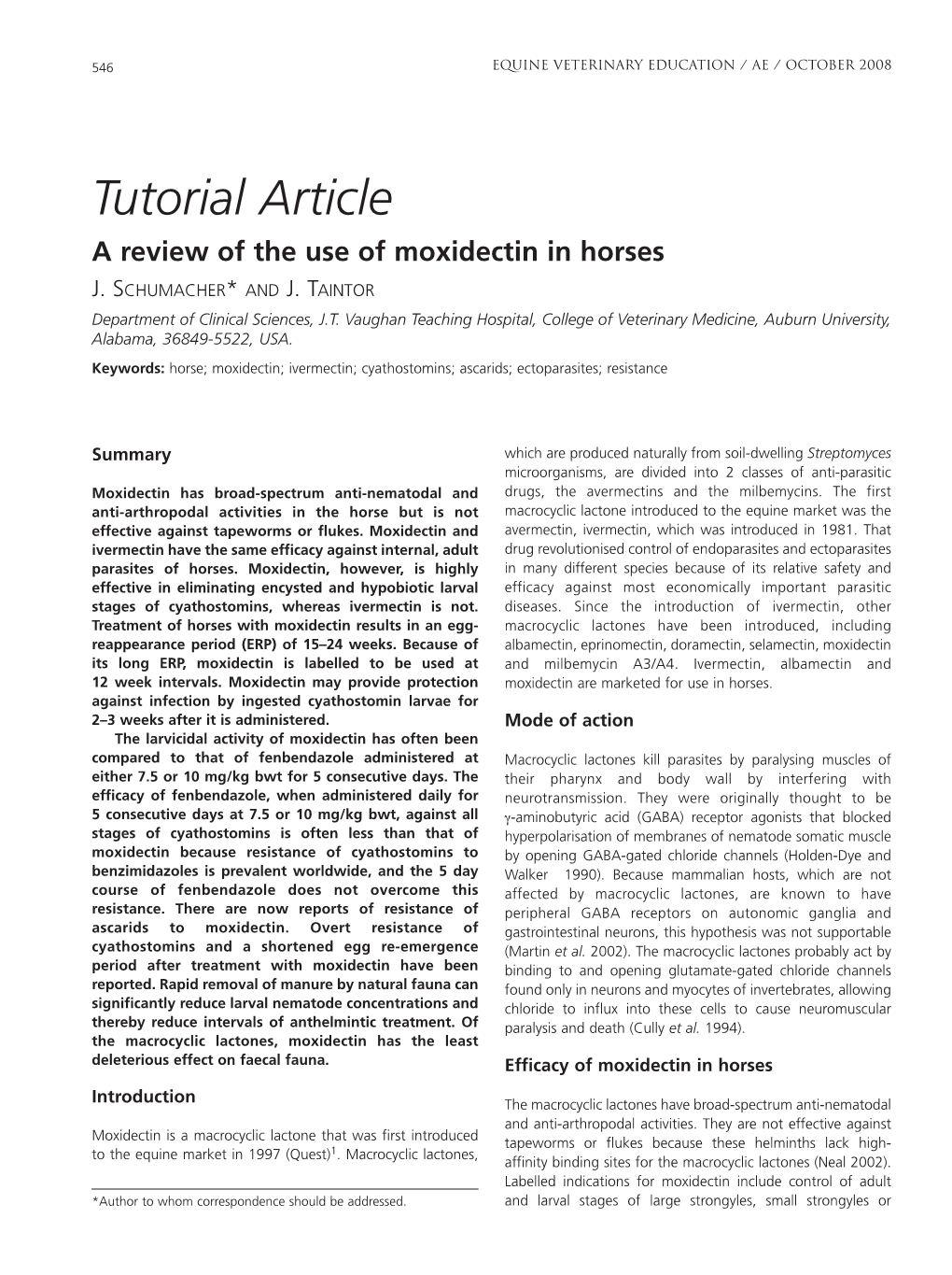 Tutorial Article a Review of the Use of Moxidectin in Horses J