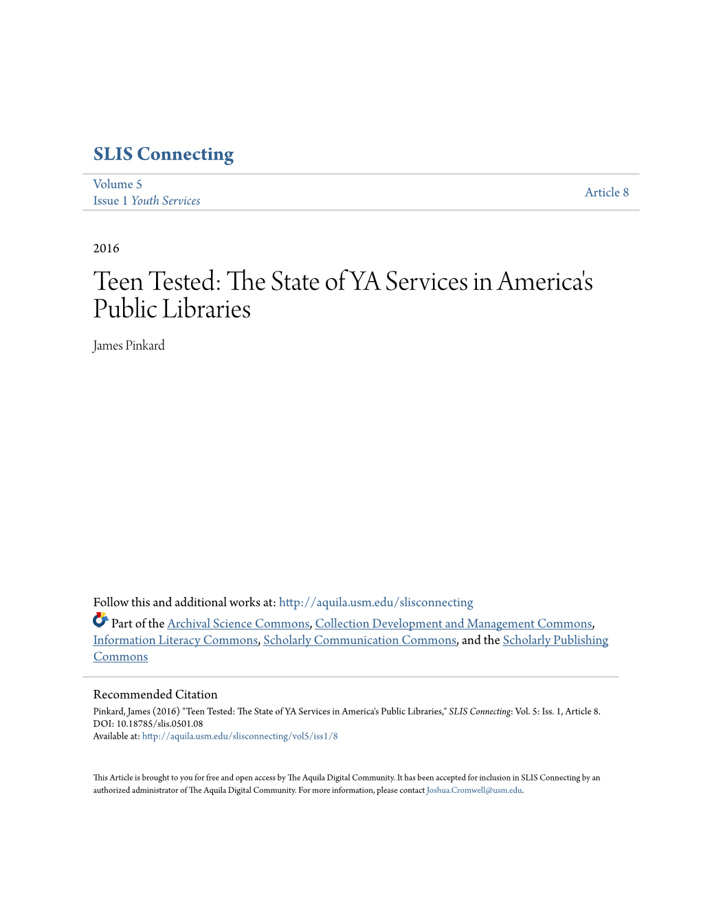 Teen Tested: the State of YA Services in America's Public Libraries by James Pinkard