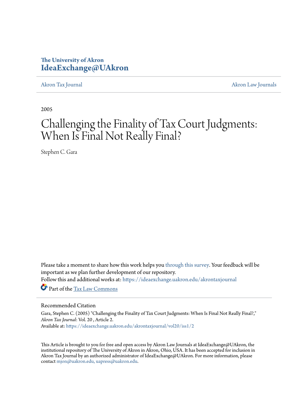 Challenging the Finality of Tax Court Judgments: When Is Final Not Really Final? Stephen C