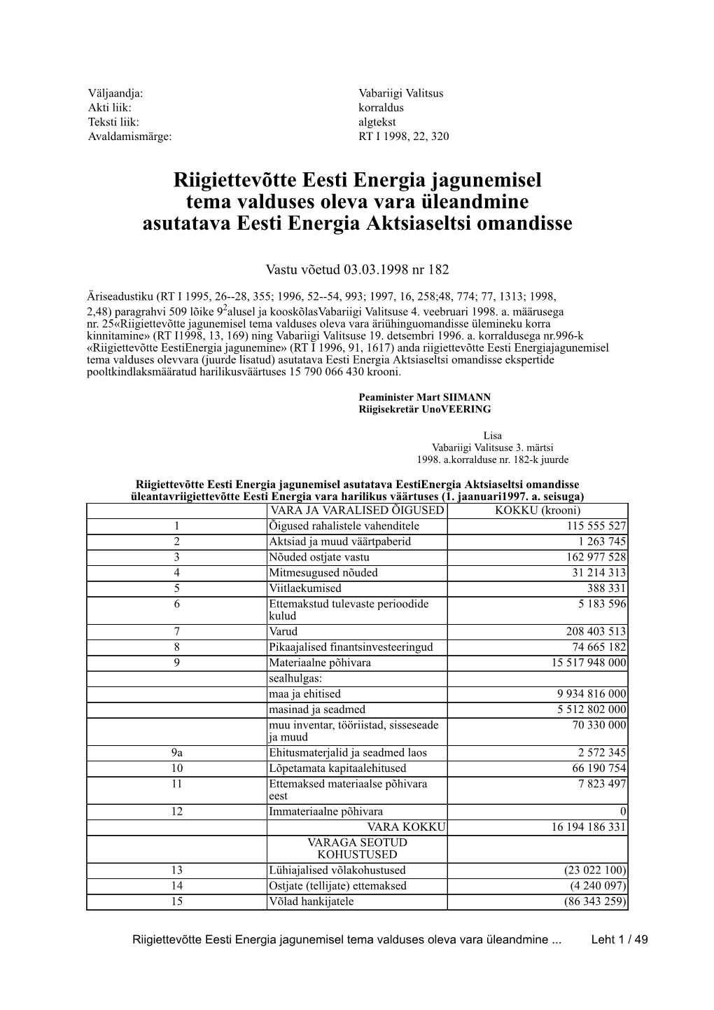 Riigiettevõtte Eesti Energia Jagunemisel Tema Valduses Oleva Vara Üleandmine Asutatava Eesti Energia Aktsiaseltsi Omandisse