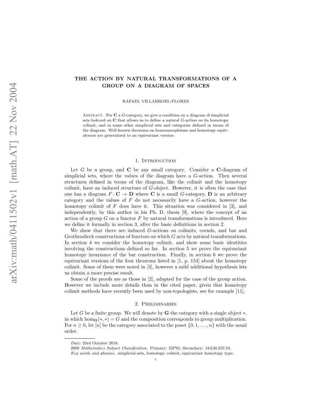 Arxiv:Math/0411502V1 [Math.AT] 22 Nov 2004 Oii.Sm Fte Eentdi 3,Hwvraml Diinlhypoth Additional Mild a Result