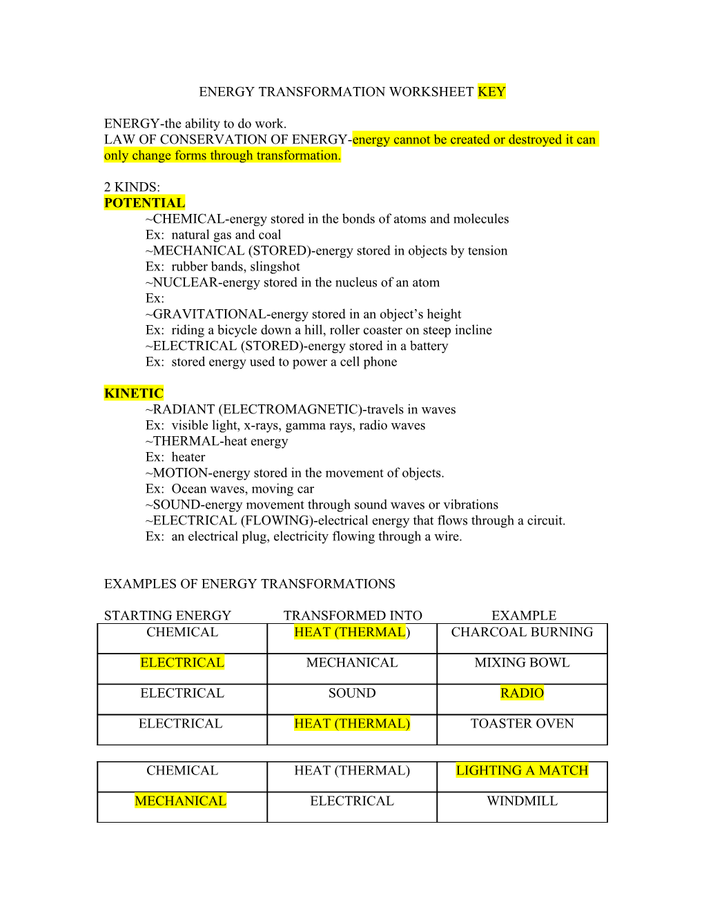 Energy Transformation Worksheet s1