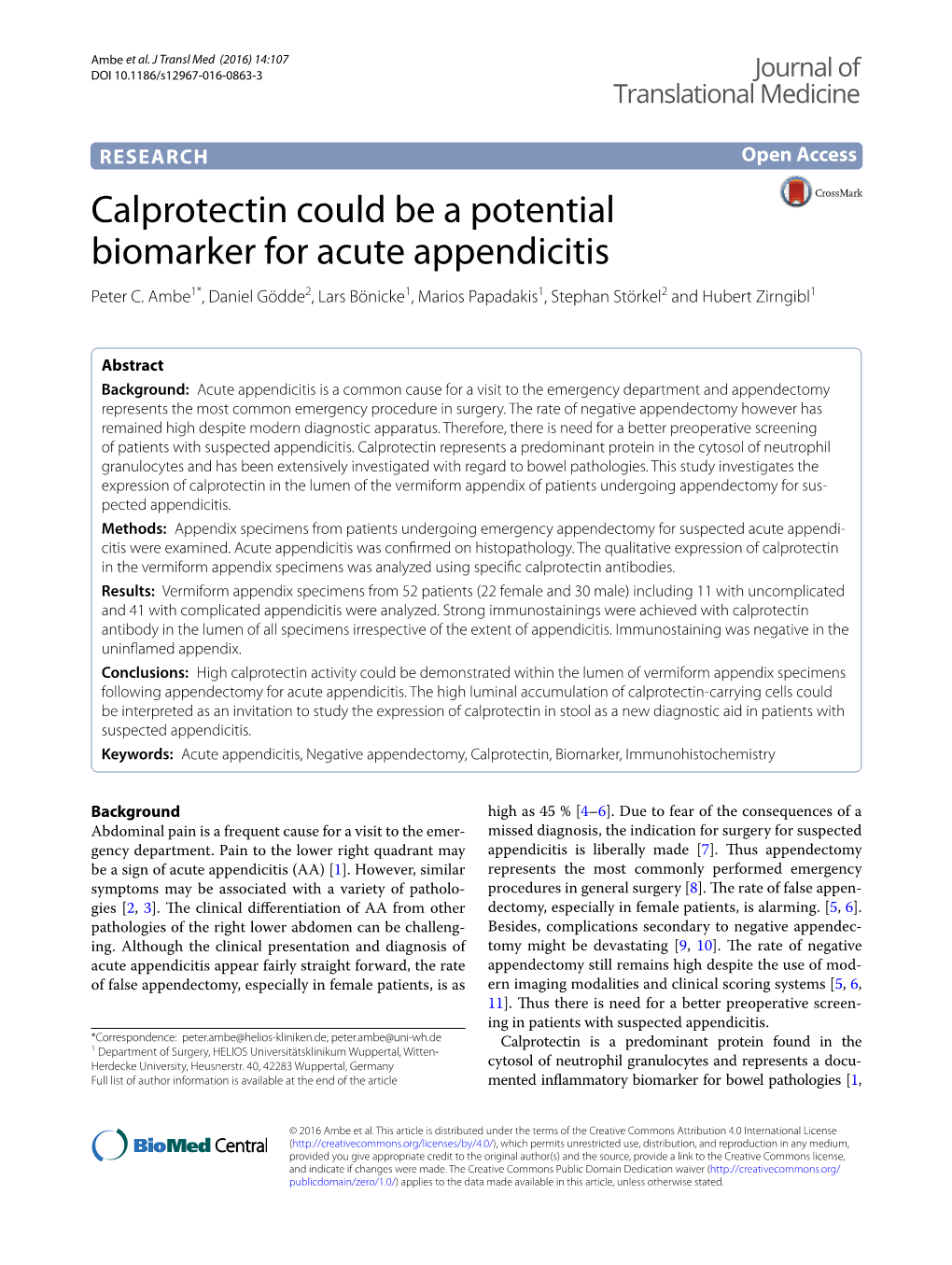 Calprotectin Could Be a Potential Biomarker for Acute Appendicitis Peter C