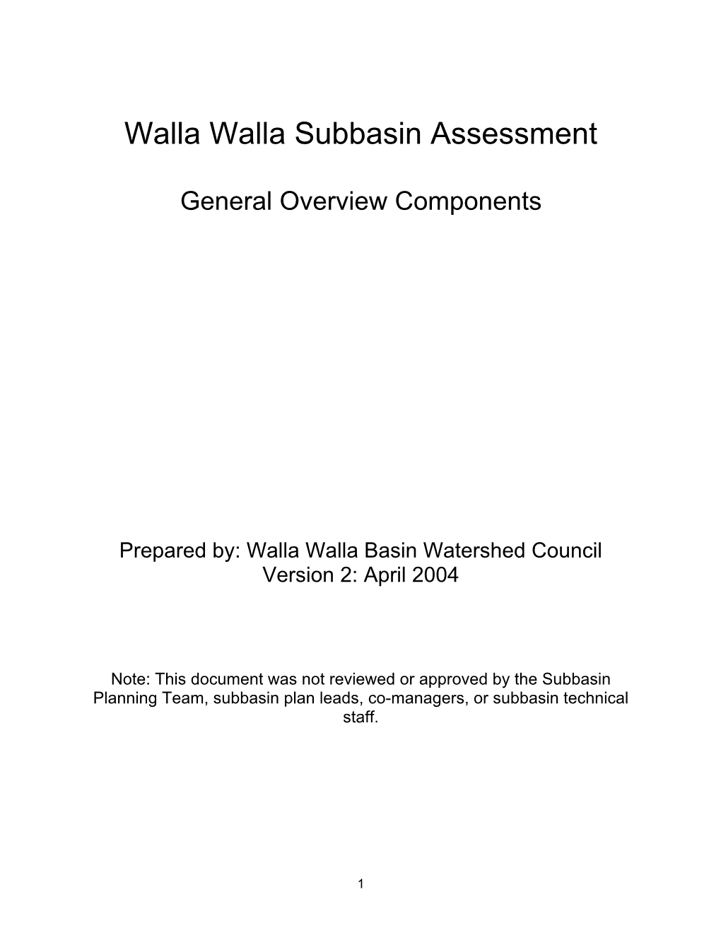Walla Walla Subbasin Assessment
