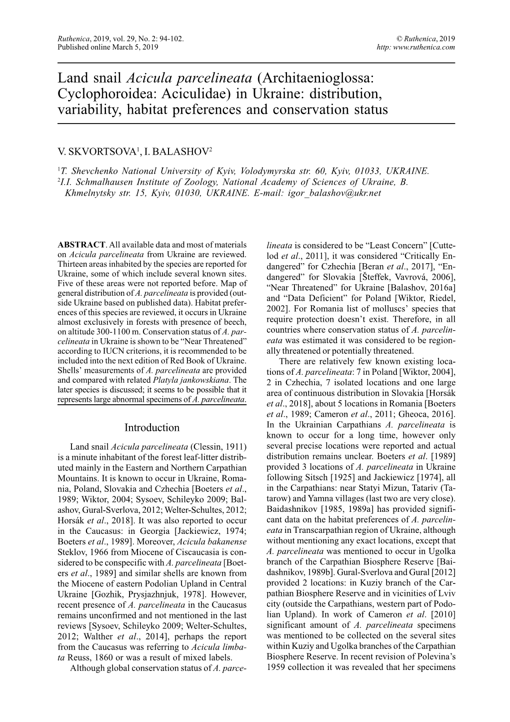 Land Snail Acicula Parcelineata (Architaenioglossa: Cyclophoroidea: Aciculidae) in Ukraine: Distribution, Variability, Habitat Preferences and Conservation Status