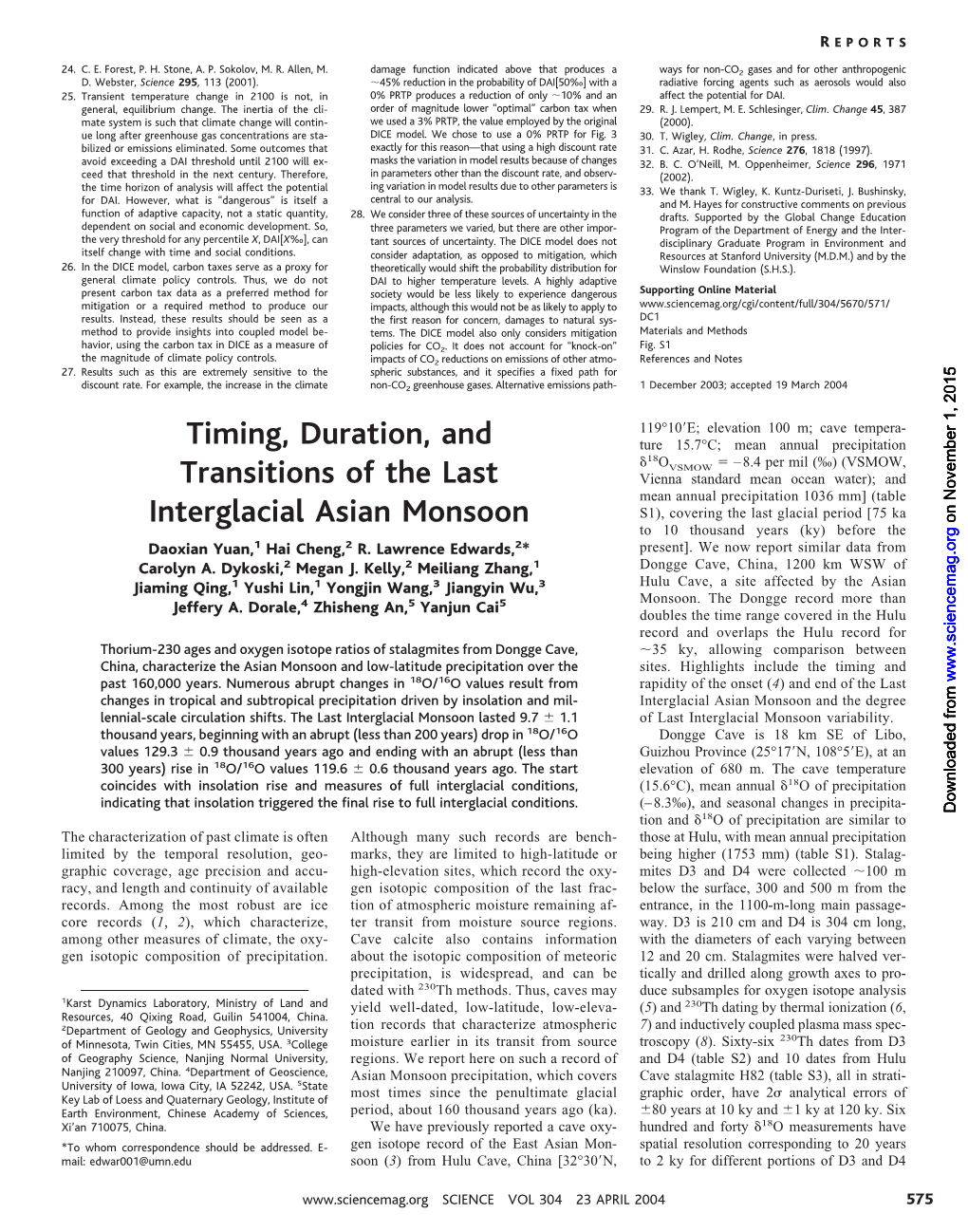 Timing, Duration, and Transitions of the Last Interglacial Asian Monsoon Daoxian Yuan Et Al