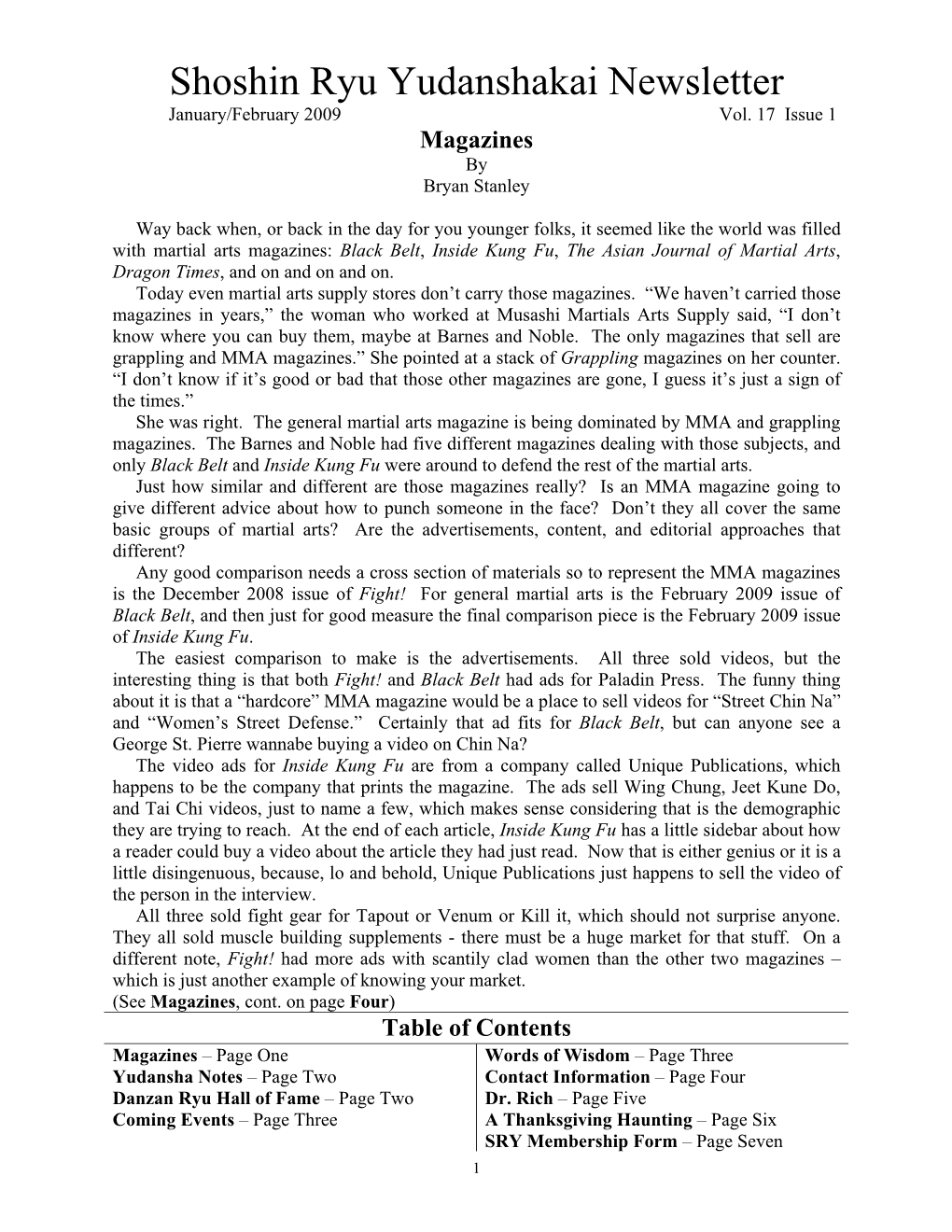 Shoshin Ryu Yudanshakai Newsletter January/February 2009 Vol